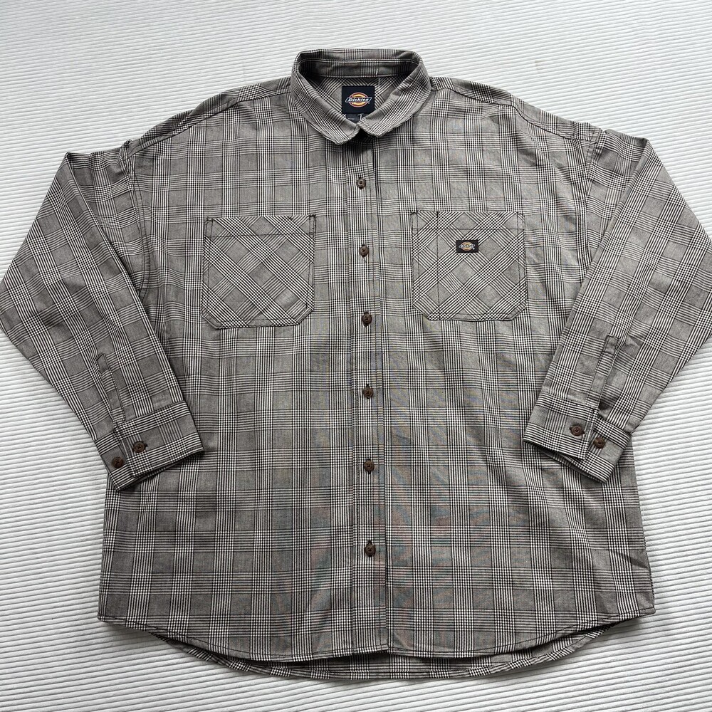 Dickies Shirt Mens XL Gray Plaid Twill Long Sleeve Button Up Pockets Workwear